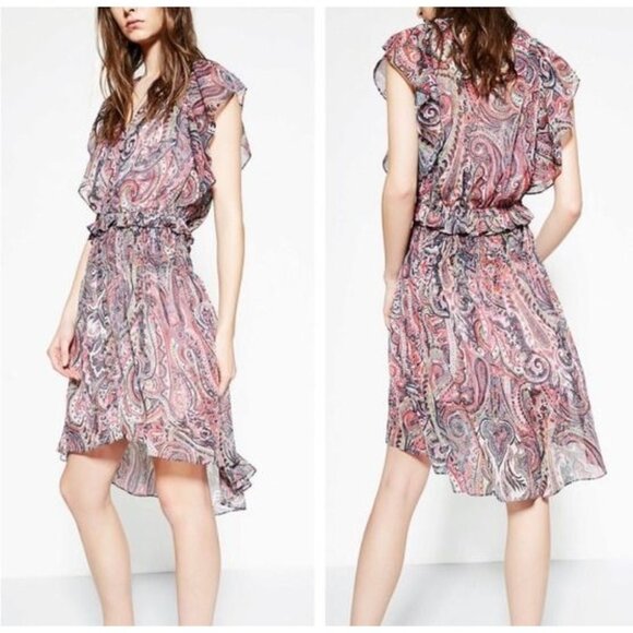 The Kooples Midi Dress Sheer Paisley Lightweight V-Neck Ruffle *Unlined XXS - Picture 1 of 14